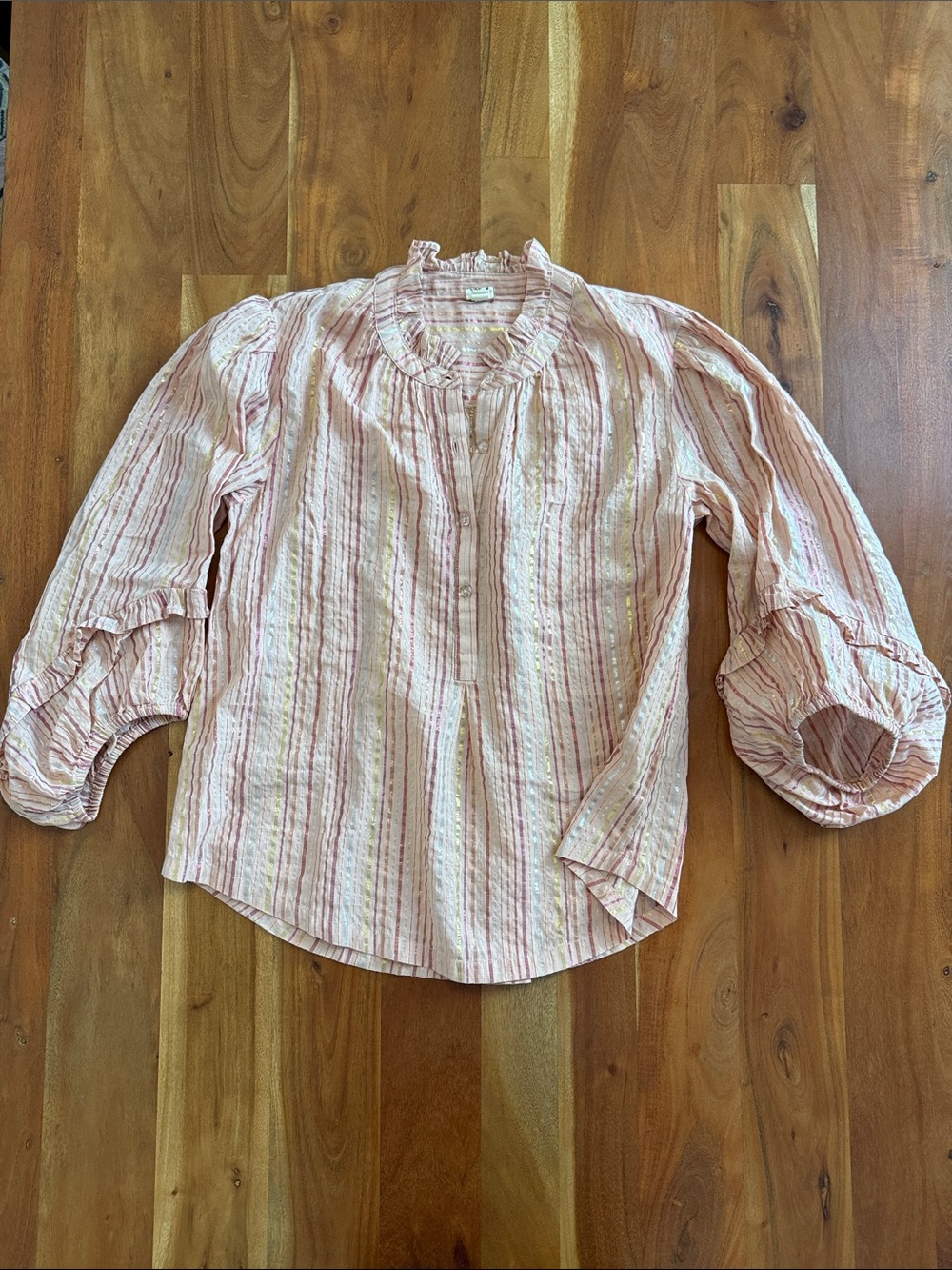 Light Pink Striped Ruffle Neck Blouse - Picture 3 of 14